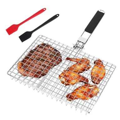 Panier Grille Barbecue en Acier Inoxydable,Grille de barbecue pliable avec 2 brosses en siliconem,Panier de barbecue avec poignée amovible Pour le camping et les grillades,poissons,légumes,crevettes