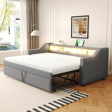 Merax Banquette convertible 90/180 x 190 cm, canapé clic-clac avec éclairage LED et prise USB, canapé-lit 2 places avec fonction couchage, tissu lin, gris (sans matelas)
