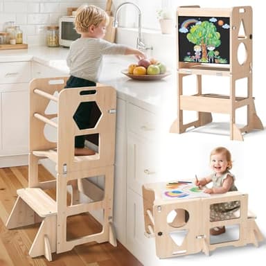 Woodure Tour d'apprentissage Montessori 4 en 1, Tour d Observation Enfant Pliable avec Tableau Noir, Tabouret de Cuisine en Bois pour Enfants, Cadeaux pour garçons et Filles de 1 à 3 Ans