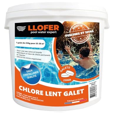 Galets de Chlore Lent 250g - Haute Teneur en Chlore (90%) -Seau de 5kg - chloration permanente hautement Efficace Contre Les bactéries, fabriquer en France