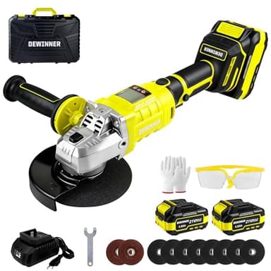 DEWINNER Meuleuse d'angle sans fil 20V,Ø125 mm,8500 tr/min, Avec Rotation 90°Gauche/Droite,3 Vitesses,Meuleuse augulaire sans balais avec batteries,Idéale pour le meulage,le polissage et la coupe.