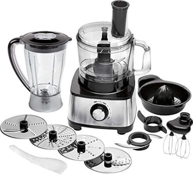 ProfiCook PC-KM 1063 Robot de cuisine compact avec boîtier en acier inoxydable, couper, pétrir, mixer, presse-agrumes, 1.2L, ouverture de remplissage, avec fonction turbo et 11 accessoires, 1200W
