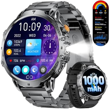 LIGE Montre Connectée Homme avec 1000mAh/1,85'' HD Grand Écran/LED Lampe,Smartwatch Homme avec Moniteur de Fréquence Cardiaque et Sommeil/110+ Modes Sportifs,IP68 Étanche Android iOS,Noir