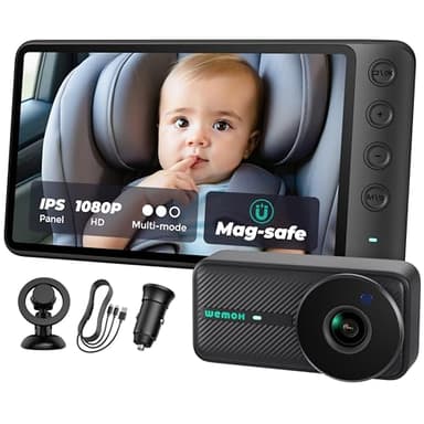 WEMOH Caméra de Voiture Magnétique pour Bébé, Écran 5'' HD 1080P IPS à Montage Magnétique, Vision Nocturne Automatique, Rotation à 360° avec Mode Split & Zoom, Caméra de Siège Auto Alimentée par USB
