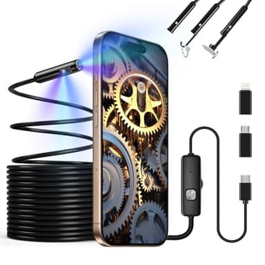 Camera Endoscopique, Camera Canalisation à Double Objectif HD 1920P, Caméras d'Inspection Sonde de 7,9mm Étanche IP67 avec 8 LED, Câble Semi-Rigide de 5M pour Android iPhone Tablettes