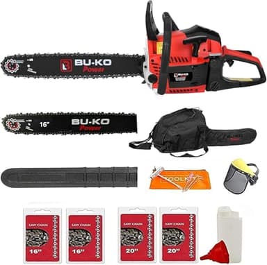 BU-KO 65cc tronçonneuse essence 3.89 HP 20 "barre avec 2 chaînes et 16" barre avec 2 chaînes - sac de couverture et équipement de sécurité complet