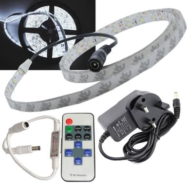 JnDee Kit complet Blanc froid Étanche 1 m LED Bande Ruban + Transformateur/Alimentation + Variateur d'intensité sans fil RF avec télécommande pour clignotant