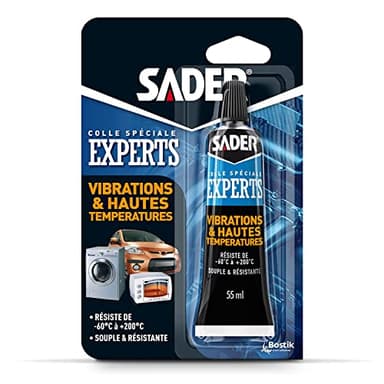 Sader Colle Vibrations et Hautes Températures – Colle Souple Extra Forte – Colle Hautes Températures Four – Idéale pour Éléctroménager, Automobile et Joints – Transparente – Tube de 55 ml 14 cm x 5 cm
