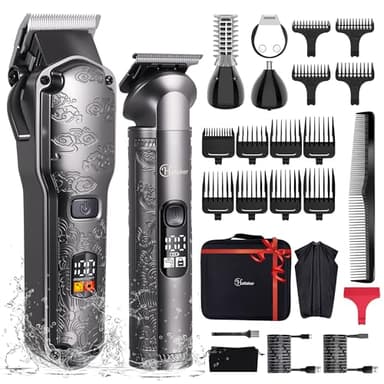 Hatteker Tondeuse à cheveux professionnelle pour hommes Set de tondeuses à barbe et à cheveux T-Blade Trimmer lavable Kit d'entretien sans fil Tondeuse à nez et à corps Tondeuse Cheveux et Barbe Set