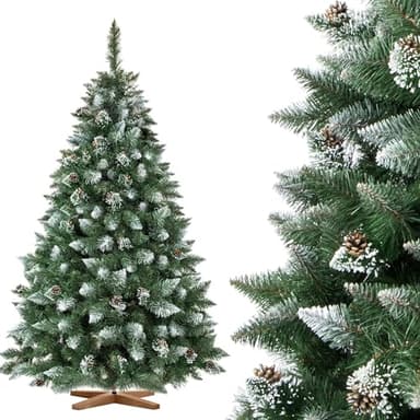 FairyTrees Sapin de Noël Artificiel 180cm | Arbre de Noël avec Support en Bois | PIN ENNEIGÉ Blanc Naturel | Made in EU