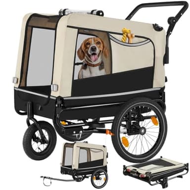tectake® Remorque Velo Chien 3 en 1 Pliable avec Reflecteurs, Drapeau, Remorques Vélo pour Chiens Aussi comme Poussette Chien Animaux de Compagnie de Taille Moyenne Charge Maximale 40 kg - Beige