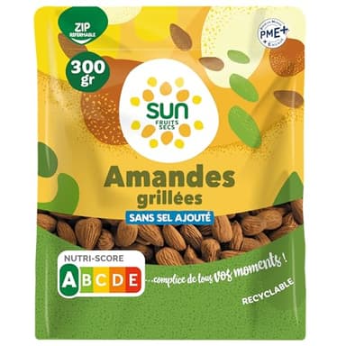 SUN - Amandes Décortiquées Grillées 300 g - 100% Naturelles - Sans Sel - Amandes Torréfiées - Idéales en Snacking, Apéro ou Cuisine - Gourmandes, Savoureuses & Croquantes