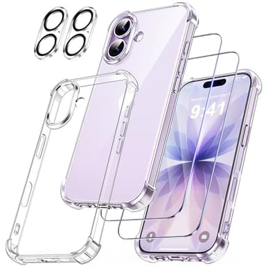 FLLAO 5 en 1 Coque pour iPhone 17 avec 2 Verre Trempé et 2 Caméra Protecteur, [Coussin d'air Intégré] Antichoc Antirayures Bumper Protection Housse pour iPhone 17 6.3", Transparent