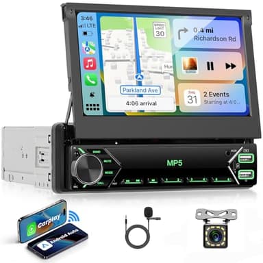 VECHTEL Autoradio 1 Din avec Carplay Android Auto sans Fil, Autoradio Carplay à Flip Manuel IPS HD Écran Tactile de 7 Pouces, Support Bluetooth Dab Mirror Link FM 2 USB Type-C MIC Caméra