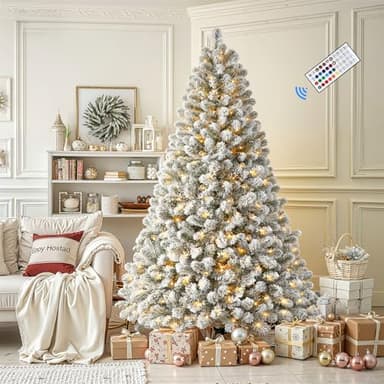 SHareconn 180 cm Sapin de Noel Enneigé Artificiel avec TéLéCommande, Sapin de Noël avec 330 Lumières Blanches Chaudes et RGB Multicolores, 106 Modes d'éclairage, Support en Métal Pliable