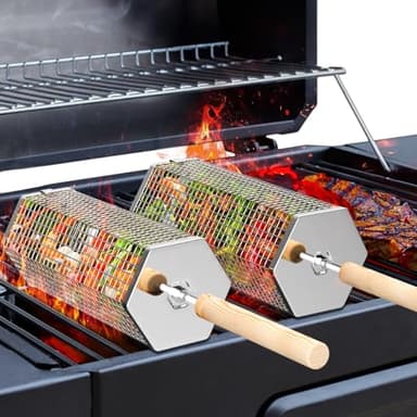 ivtivfu Panier à Barbecue Roulant, Poignée Détachable, Acier Inoxydable 304, Gigogne, Accessoires Grille à Legumes, Ustensiles Grill de Cuisine Exterieur Camping, Cadeau Anniversaire Homme Papa