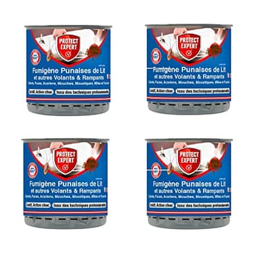 PROTECT EXPERT Lot de 4 Fumigènes Anti-Punaise de lit - 4x10g - Elimine Les Larves & Punaises De Lit & Acariens Sans Dépôts Visibles ni Odeurs Persistantes - Curatif & Action Choc PUMIG10X4
