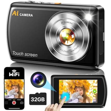 AI Intelligent Appareil Photo Numérique avec WiFi, Appareil Photo Autofocus avec Écran Tactile IPS de 3,6 Pouces avec Carte SD de 32 Go pour Les Enfants, Les Adolescents, Les Adultes et Les Débutants