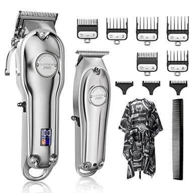 SUPRENT Tondeuse à Cheveux Professionnelle pour Homme-Kit de Coupe de Cheveux et Tondeuse à Lame en T Zero Gap, Ensemble de Tondeuse de Barbier Sans fil Avec écran LED (Argent)