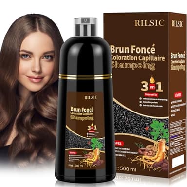 Shampoing Colorant Brun foncé Hair Dye Shampoo 3 en 1,Shampooing Instantané pour Cheveux,Shampooing Colorant Cheveux Blancs,Color Shampoo pour Hommes et Femmes 500ml（Brown）