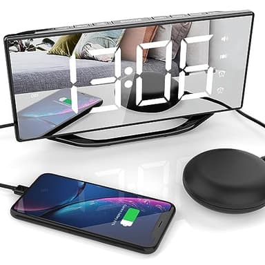 Mesqool Reveil Numerique Miroir, 8,7" LED Réveil Sourd avec Vibrant pour Sourd et Malentendant, Gros Dormeur et Enfants, Réveil Double+Function Snooze+Charge USB+Volume à 7 Niveaux+Variateur, 12/24 H