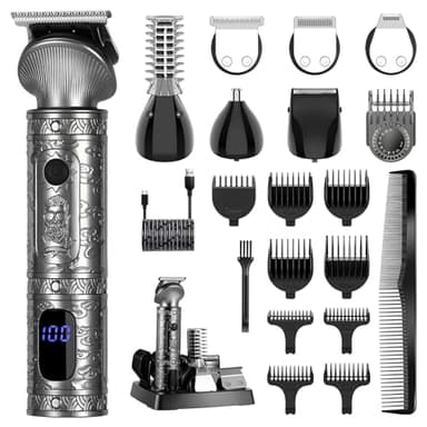 Surker Tondeuse Barbe Homme Tondeuse Cheveux Professionnelle Avec Lame en T de Coupe de Cheveux Chauve 0 mm Rasoir électrique Tondeuse Corps de Précision pour Nez 7 en 1，Gris