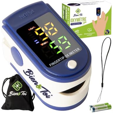 Oxymetre de doigt professionnel/écran à LED/saturometre de pouls/moniteur de fréquence cardiaque électronique/saturation en oxygène/capteur d'oxygene/sac de transport/piles incluses/notice en Français