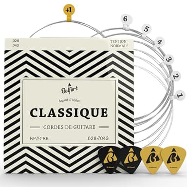 Belfort Cordes de Guitare haute Cordes pour Guitare Classique et guitare de concert pour I Kit de 6 cordes I silberumwobene Cordes en nylon I Bonus : gratuits eBook + 3 médiators - BF//C86