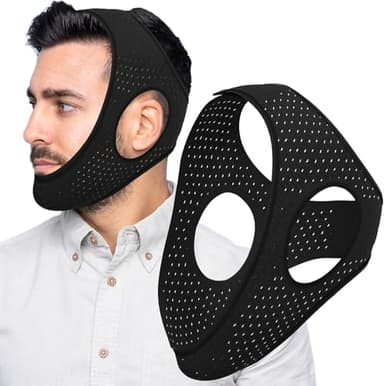 Mentonnière Anti Ronflement,Anti Ronflement Efficace Puissant,Mentonnière De Sommeil En Respirante,Solution Ronflements Réglable Mentonnière pour Aide Réduction Ronflement,ince et léger (Black)