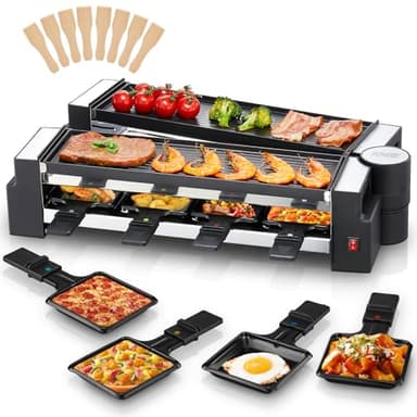Appareil a Raclette FOHERE, Rotative Appareil Raclette 8 Personnes avec Plaque de Cuisson Antiadhésive et 8 Plaques à Fromage, 1400 W, Acier Inoxydable Mat, Idéal pour la Maison et Les Fêtes