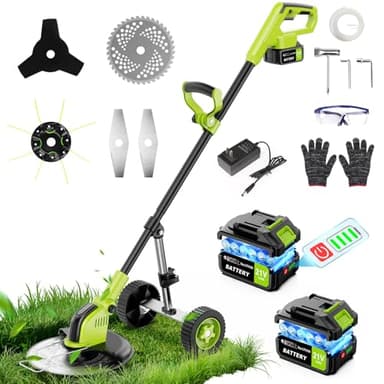 Debroussailleuse Electrique sans Fil 21V, Coupe Bordure sans Fil avec Batteries 2x3.0Ah et 4 Types de Lames, 12 Pouces Débroussailleuses Electrique Batterie pour la Coupe de Jardin