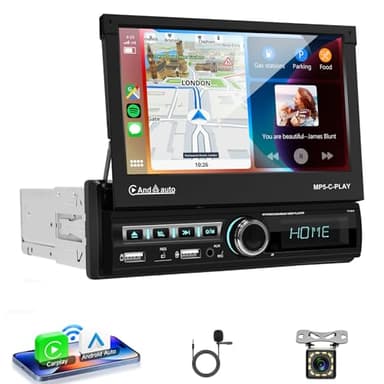 VECHTEL Autoradio 1 Din avec Carplay Android Auto sans Fil, Autoradio à Rétractable Électrique IPS HD Écran Tactile de 7 Pouces, Support Bluetooth Mirror Link FM 2USB/AUX Commandes au Volant Caméra