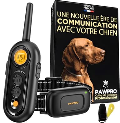 PAWPRO Collier de Dressage Chien | Portée de 1000m | Nouveauté 2024 Étanche, Rechargeable | 3 Modes BIP Vibration Choc | Design Luxe avec Clicker Dragonne | Marque Française