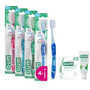 Brosse à dents manuelle souple GUM PRO | BRINS effilés | manche ergonomique antidérapant | tête compacte | 4 x 1 pièce (avec 1 échantillon gratuit)
