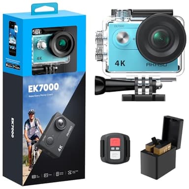 AKASO EK7000 Caméra Sport 4K 30fps 20MP WiFi Caméra d'action 170° Grand Angle Télécommande 2.4G Caméra Étanche 30M 2 Batteries Bleu
