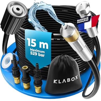 KLABOX Deboucheur Canalisation Haute Pression 15m | Furet Karcher Compatible avec Karcher K2-K7, Lavor, Bosch, Parkside et d'Autres Marques | Inclut 3 Adaptateurs, 2 Buses, 1 Sac et 1 Ruban Téflon