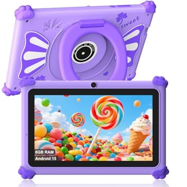 ascrecem Tablette Enfants 7 Pouces Android 15 Tablette pour Enfant avec 2.4G+5G WiFi6 Penta Core 6Go RAM 32Go ROM Double Caméra 128Go Extension Tablet Tactile Éducative Contrôle Parental (Violet)