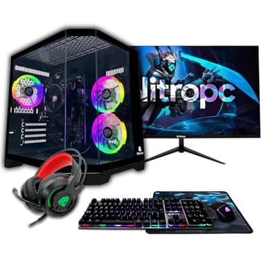 NitroPC - Pack Bronze | PC Gaming Complet (AMD Ryzen 5 5655G 6/12 4,4GHz, RX Vega 7, RAM 16Go, SSD 512Go, Windows 11 Pro | WiFi, Moniteur 24", Clavier, Souris, Casque) Ordinateur de Bureau (Noir)