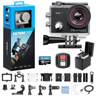 AKASO EK7000 Pro Caméra Sport 4K avec Carte MicroSDXC 256 Go, 20MP WiFi Action Caméra Sportive avec Ecran Tactile, Stabilisateur EIS, Télécommande, 170° Angle Réglable, Étanche 40M, Kit d'Accessoires