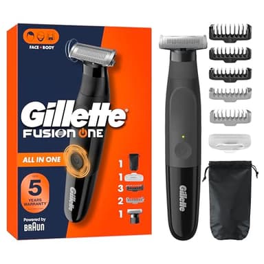 Gillette Tondeuse Et Rasoir Electrique Homme Série Fusion One, Hybride Tout-en-Un pour Le Rasage Corporel Et du Visage, Tête Pivotante, 3 x Sabots Barbe Et 2 x Corps, Etanche, sans Fil, par Braun
