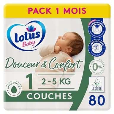 Lotus Baby Douceur & Confort - Couches Taille 1 (2-5 kg/Nouveau-né) Pack 1 mois - 80 couches