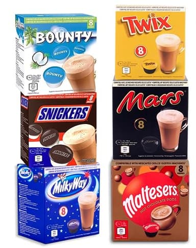 Mars Boissons au Chocolat chaud - Dolce Gusto Compatible - 48 Capsules - Mars, Twix, Milkyway, Snickers, Bounty & Malteser
