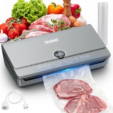 YASHE 80KPA Machine Sous Vide Alimentaire avec Couvercle Magnétique, 10-en-1 Double Pompe et Double Scellage Machine Sous Vide, Rangement de Rouleau Intégré, 1 Rouleau de Sacs Inclus