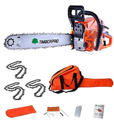 Tronçonneuse Timberpro 62 cm3 guide de 50 cm, 3 chaines + housse de transport et accessoires