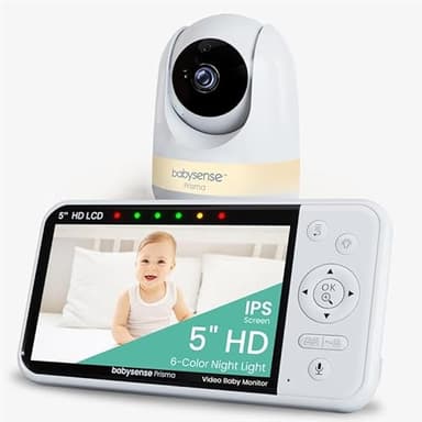 Babysense Prisma Babyphone avec Caméra et Audio, Babyphone Vidéo HD 5", Veilleuse 6 Couleurs, Écran Divisé, Machine à Son pour Bébé avec Bruit Blanc et Berceuses, sans WiFi