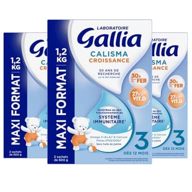 Laboratoire Gallia - Calisma Croissance 3ème âge - Lait en Poudre pour Bébé - Sans Huile de Palme - Lait Bébé dès 12 mois - Lot de 3x1,2kg