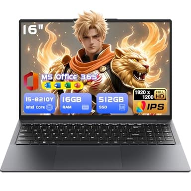 Brhona 16" Ordinateur Portable Gamer-Core i5-8210Y(Jusqu'à 3,6 GHz),16GB RAM,512GB SSD,Win 11 Pro,MS Office 365 Inclus,FHD 1920x1200 16:10,Wi-FI BT5.0,USB-A,HDMI,RJ45
