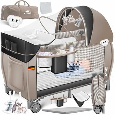 KIDIZ® Lit pour bébé | Lit de Voyage 3 en 1 | Set de lit pour bébé avec Matelas à Langer combiné | avec moustiquaire | Parc pour bébé de la Naissance à 15 kg, Pliable, Noir/Beige