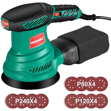 HYCHIKA Ponceuse Excentrique, 6 Vitesses Variables 300W 13000RPM Ponceuse Orbitale, 12Pcs Disque Abrasif 125mm, Ponceuse Bois avec Collecte de Poussière pour le Polissage du Ponçage du Bois