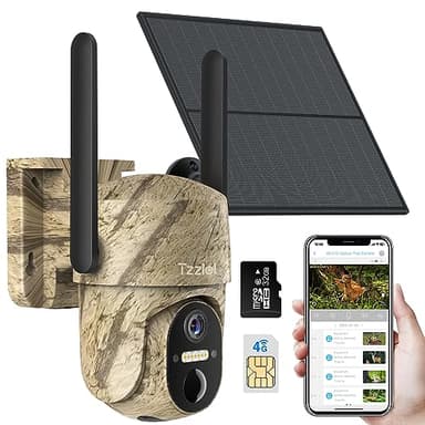 Tzziel Camera de Chasse 4G et Carte Sim,2K Camera Exterieur sans Fil avec Panneau Solaire et Batterie,Détection PIR,Vision Nocturne Colorée,Audio Bidirectionnel,Étanche IP66,360° PTZ,sans WiFi